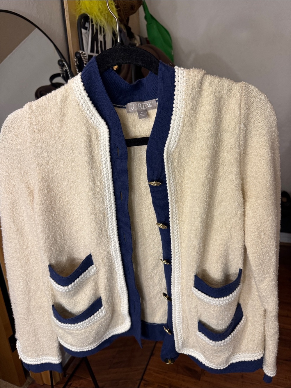 J. Crew Cream Bouclé Jacket with Navy Trim and Gold Buttons
